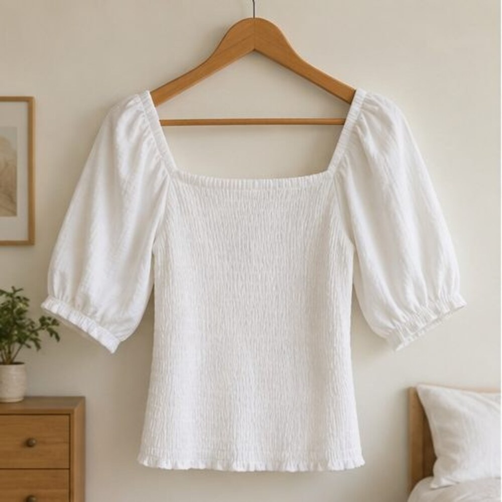 White Smocked Puff Sleeve Top